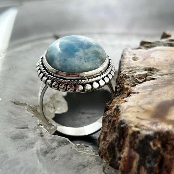 Sterling Silver Southwestern Style Oval Larimar Decorated Bar Ring S 7 For Women - Picture 4 of 10